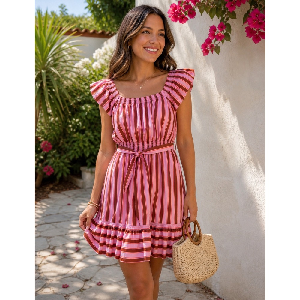 Kate Spade‎ Calais Pink Stripe Ruffle Dress Coquette Girl Bowcore Summer Style
